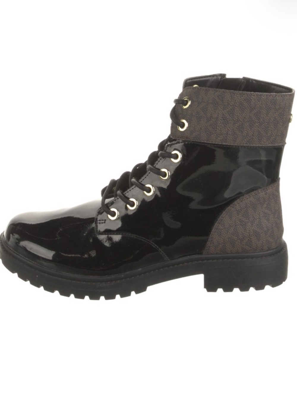 Michael Kors Black Patent Leather Combat Boots with Brown Logo Panels